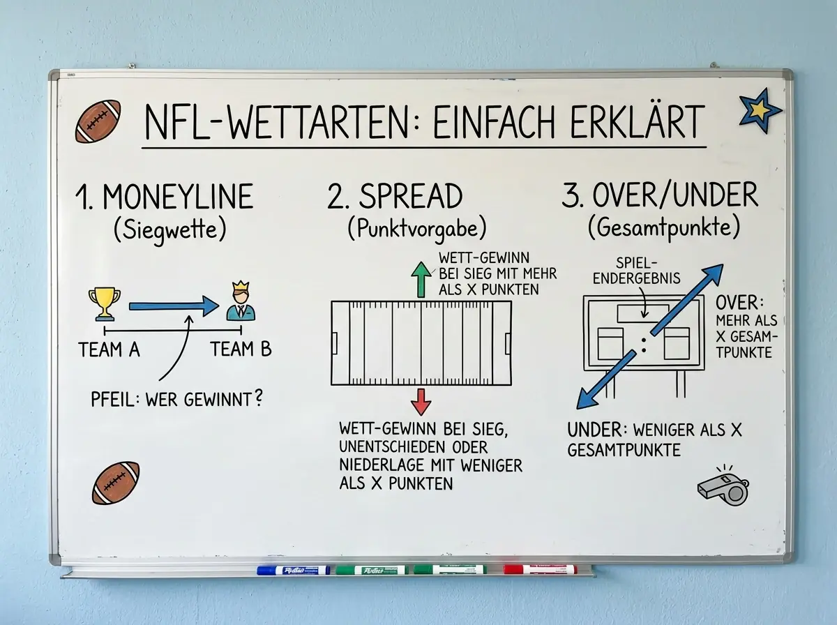 NFL Wettarten im Überblick: Moneyline, Spread, Over/Under, Player Props und Futures für Schweizer Sportwetten erklärt